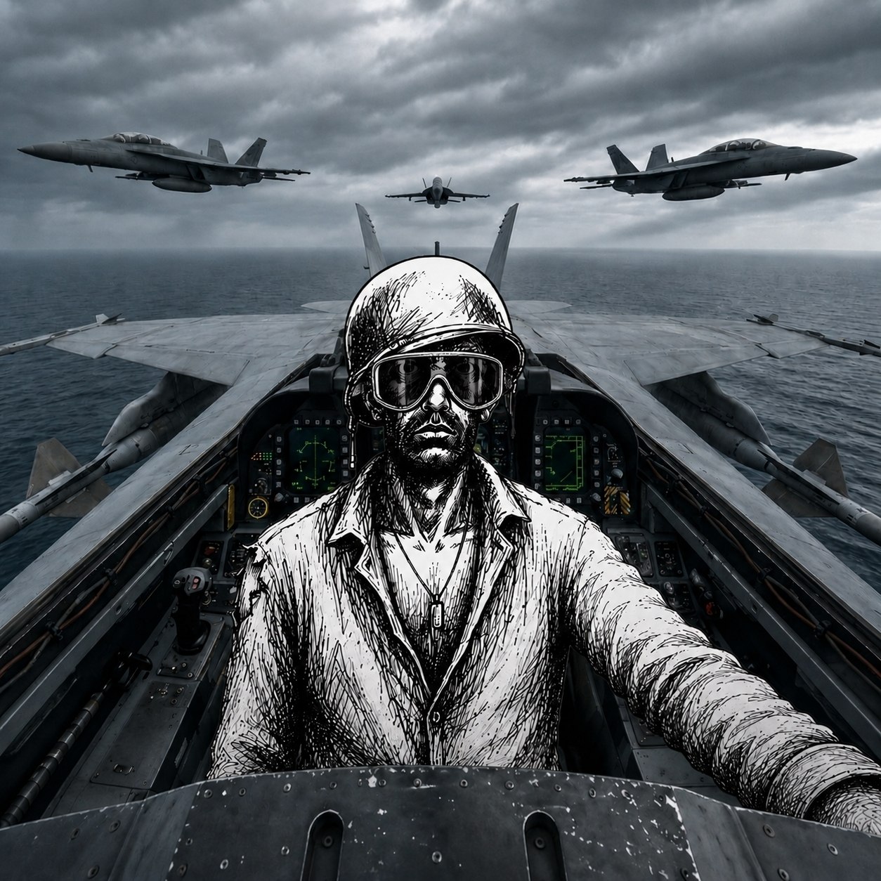 Trenchcoin pilot in a fighter cockpit over the sea